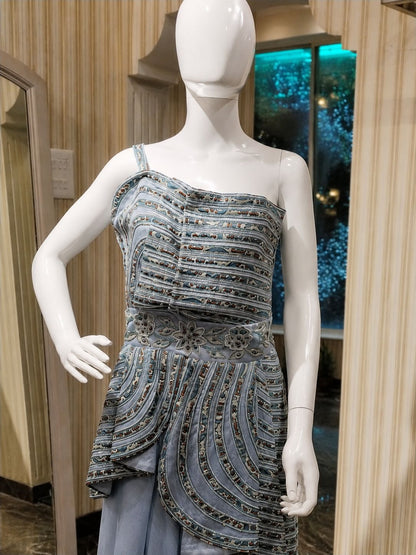 Steel Blue Embellished One-Shoulder Co-ord Set