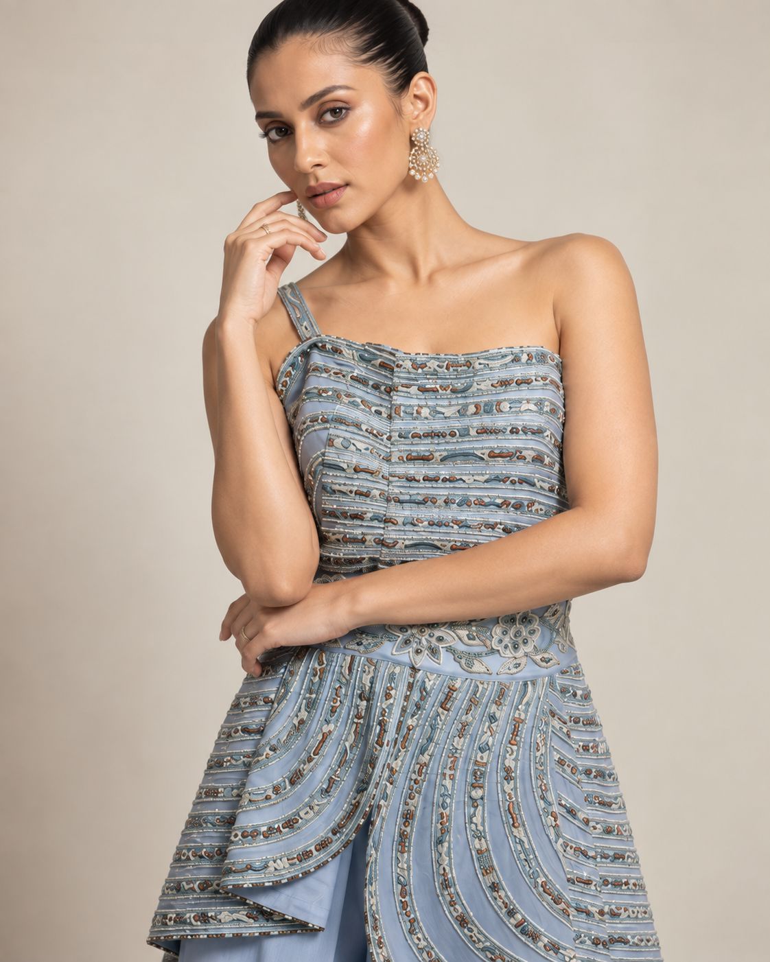 Steel Blue Embellished One-Shoulder Co-ord Set