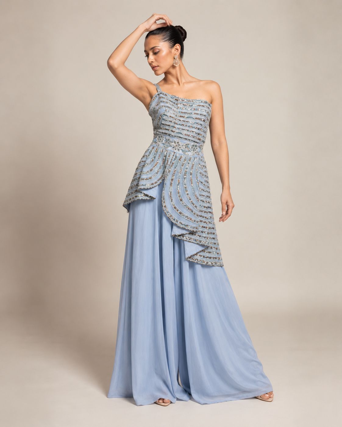 Steel Blue Embellished One-Shoulder Co-ord Set