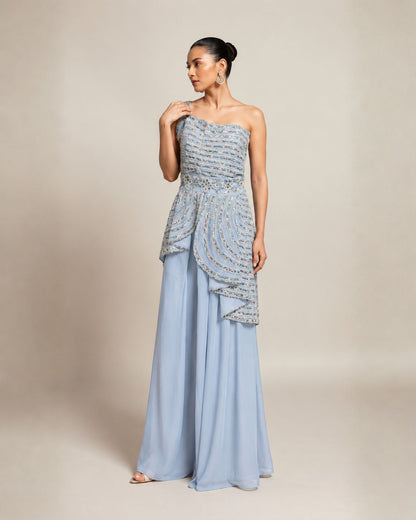 Steel Blue Embellished One-Shoulder Co-ord Set
