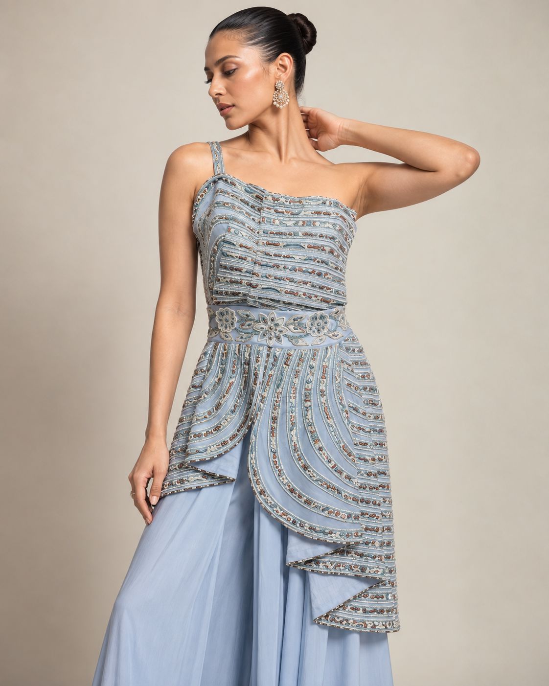 Steel Blue Embellished One-Shoulder Co-ord Set