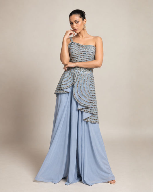 Steel Blue Embellished One-Shoulder Co-ord Set