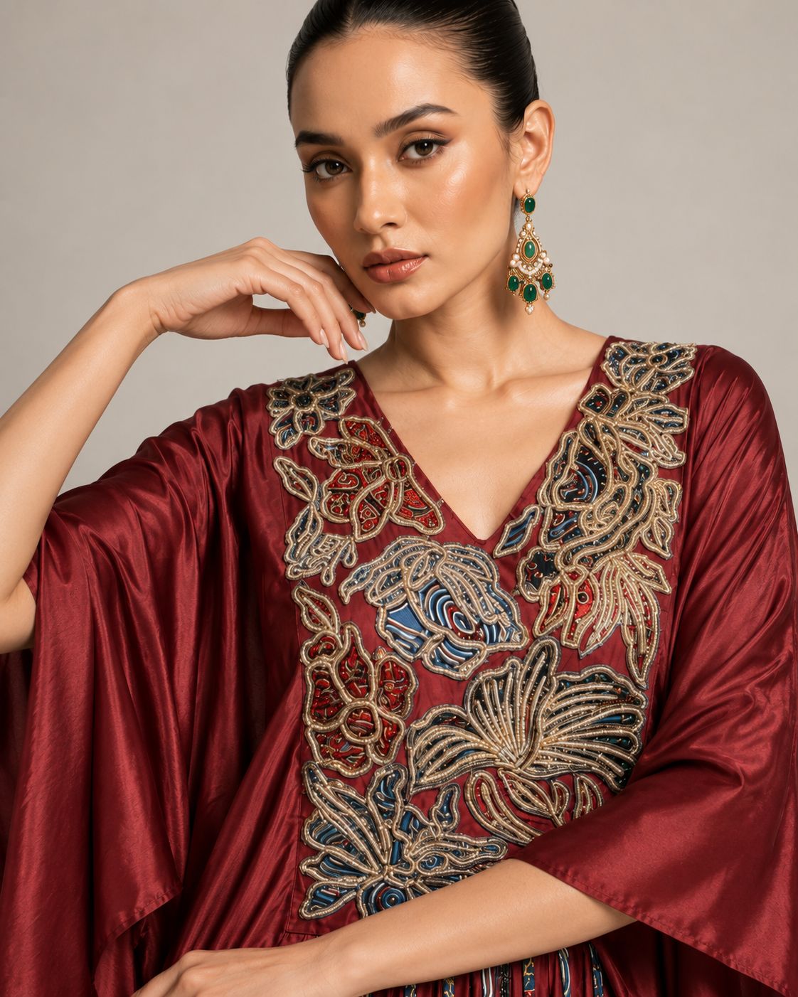 Ruby Red Embroidered Kaftan with Draped Palazzo Set