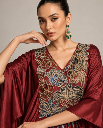 Ruby Red Embroidered Kaftan with Draped Palazzo Set