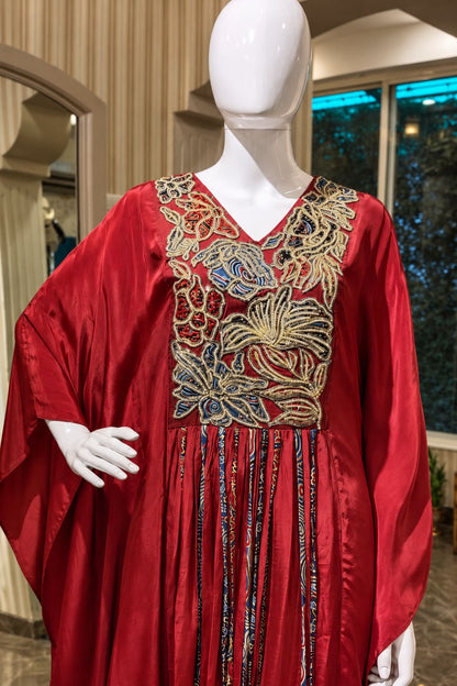 Ruby Red Embroidered Kaftan with Draped Palazzo Set