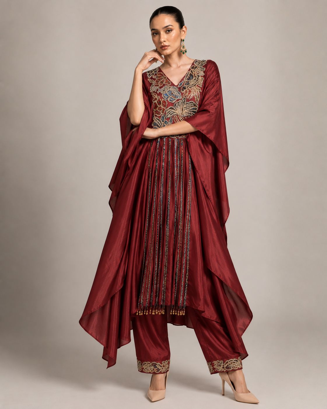 Ruby Red Embroidered Kaftan with Draped Palazzo Set