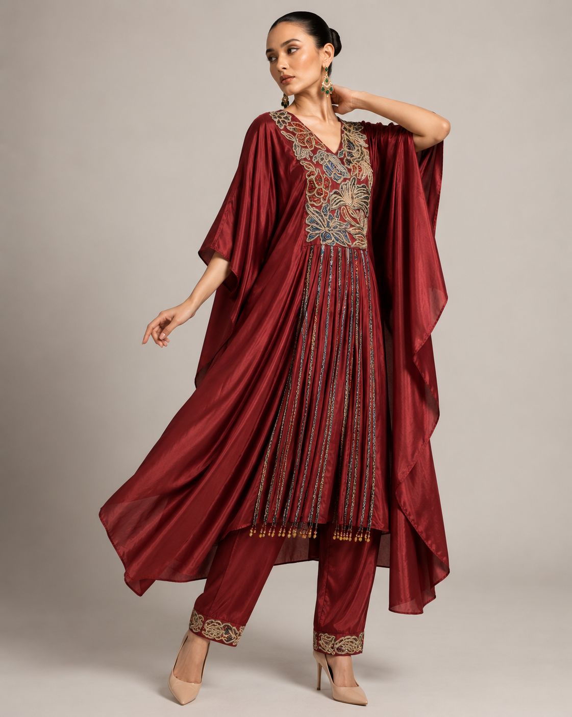 Ruby Red Embroidered Kaftan with Draped Palazzo Set