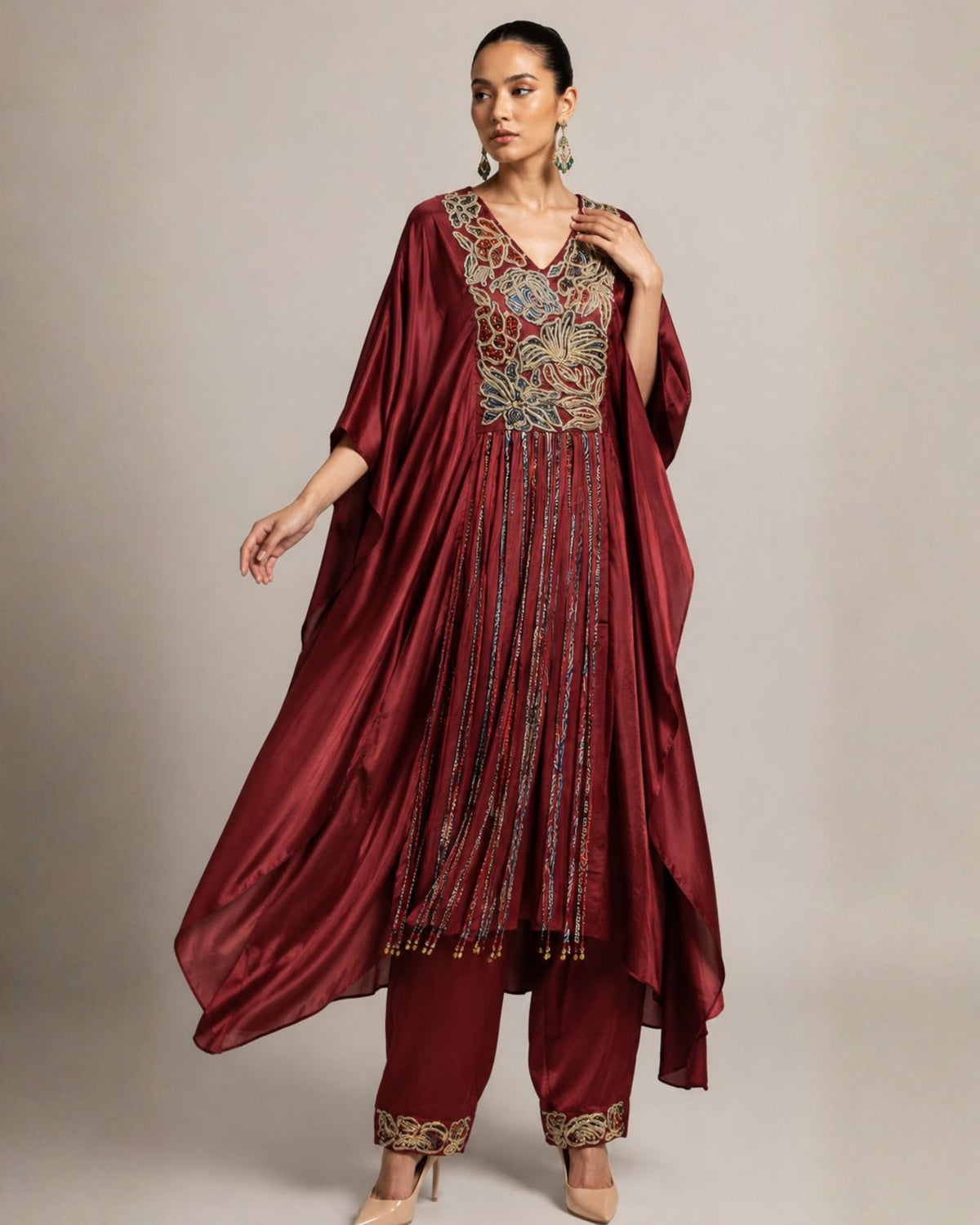 Ruby Red Embroidered Kaftan with Draped Palazzo Set