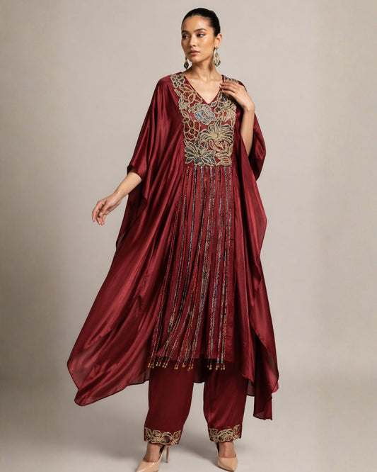 Ruby Red Embroidered Kaftan with Draped Palazzo Set