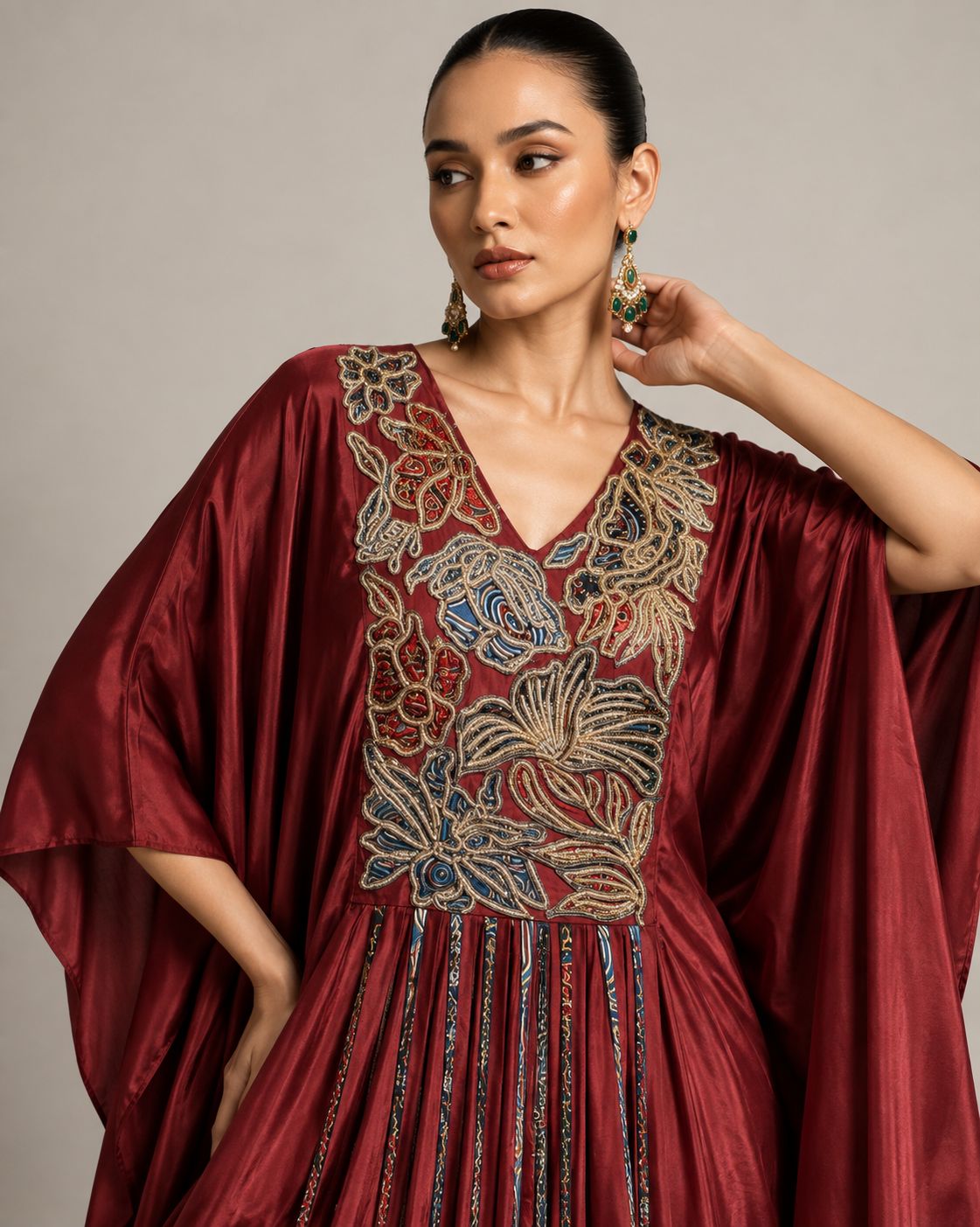 Ruby Red Embroidered Kaftan with Draped Palazzo Set