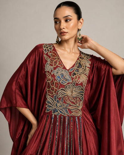 Ruby Red Embroidered Kaftan with Draped Palazzo Set