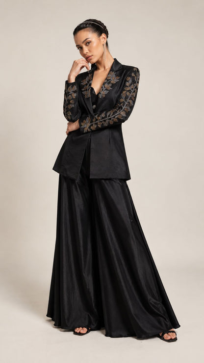 Midnight Noir Embroidered Draped Jacket Set