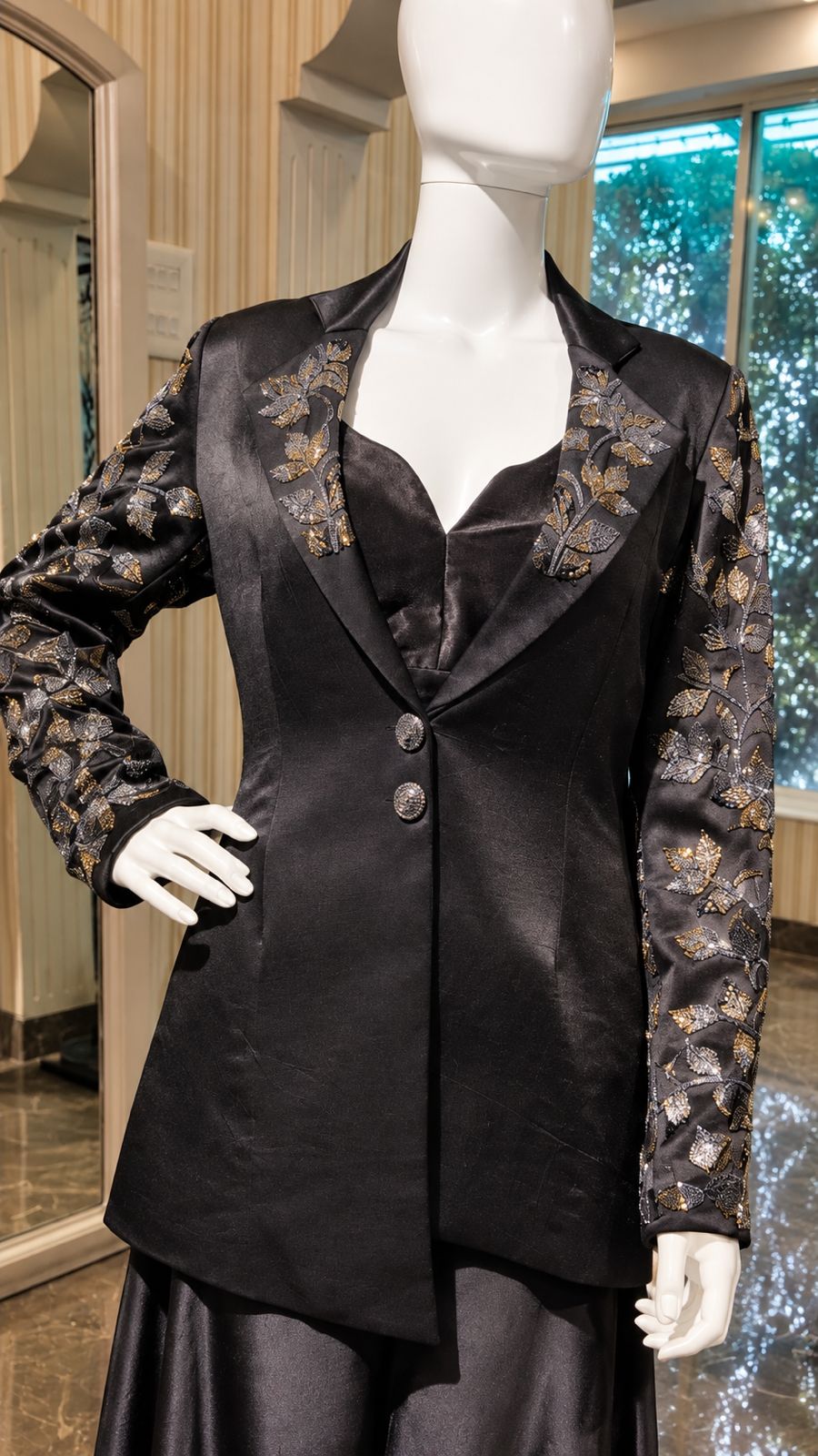 Midnight Noir Embroidered Draped Jacket Set