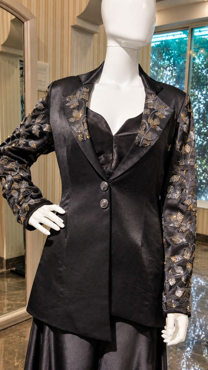 Midnight Noir Embroidered Draped Jacket Set