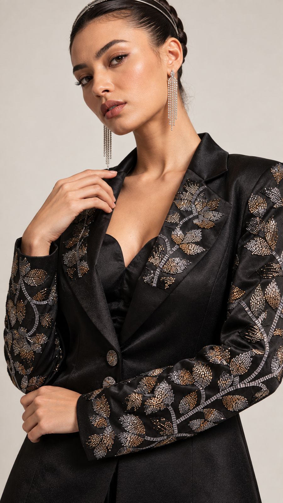 Midnight Noir Embroidered Draped Jacket Set
