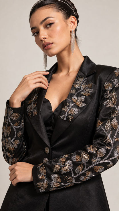 Midnight Noir Embroidered Draped Jacket Set