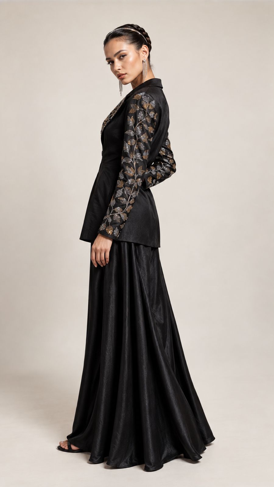 Midnight Noir Embroidered Draped Jacket Set