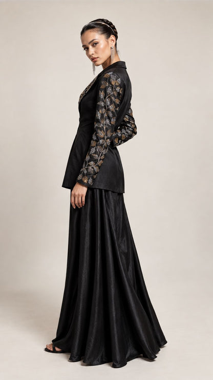 Midnight Noir Embroidered Draped Jacket Set