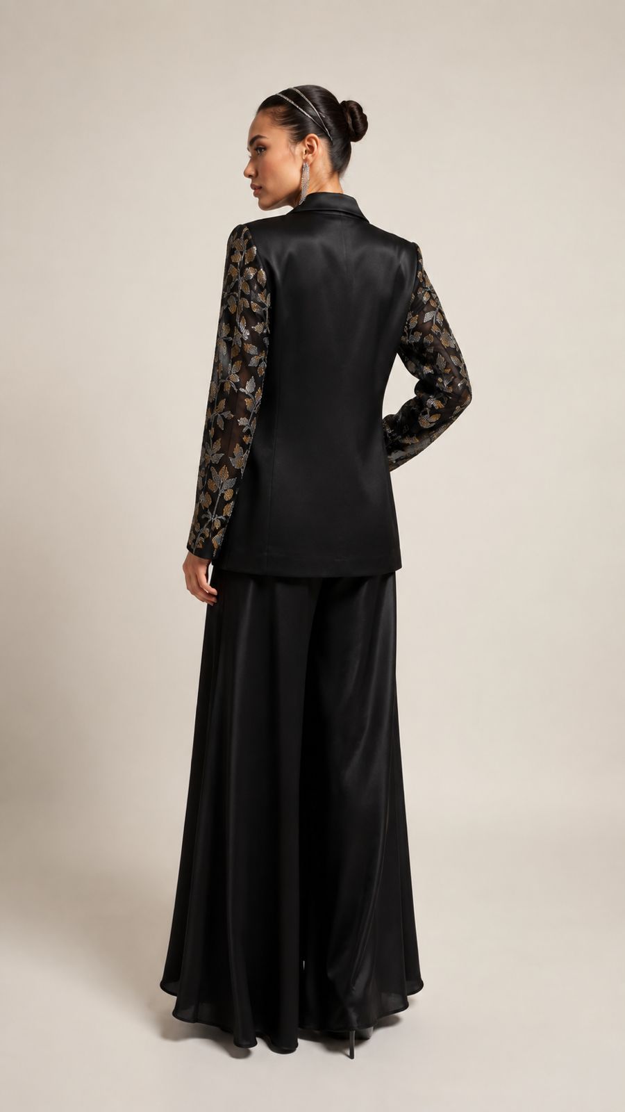 Midnight Noir Embroidered Draped Jacket Set