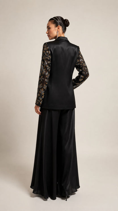 Midnight Noir Embroidered Draped Jacket Set