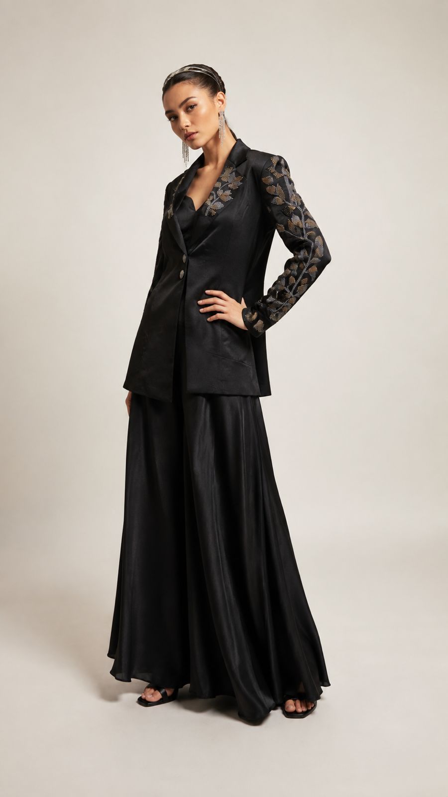 Midnight Noir Embroidered Draped Jacket Set