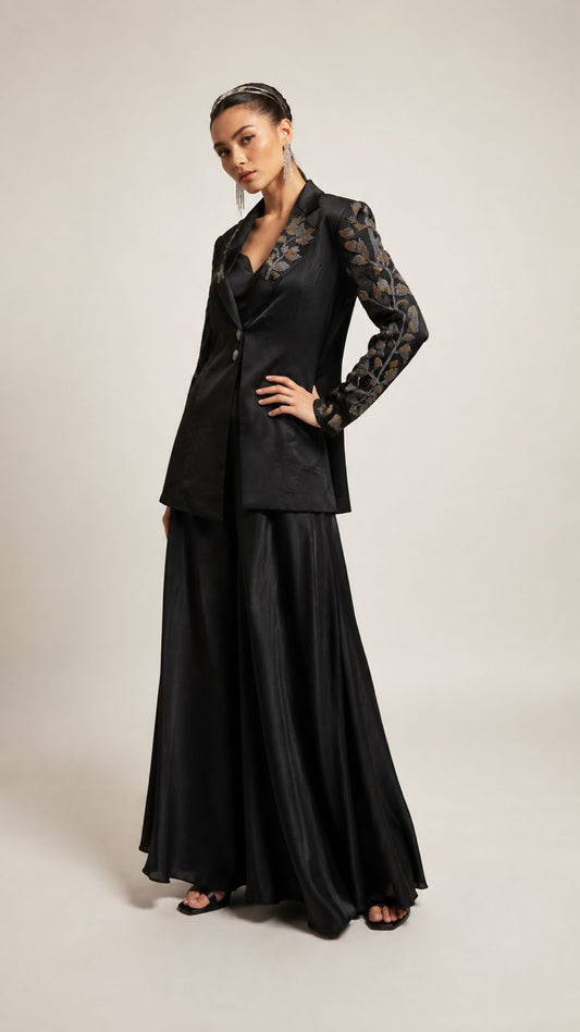 Midnight Noir Embroidered Draped Jacket Set