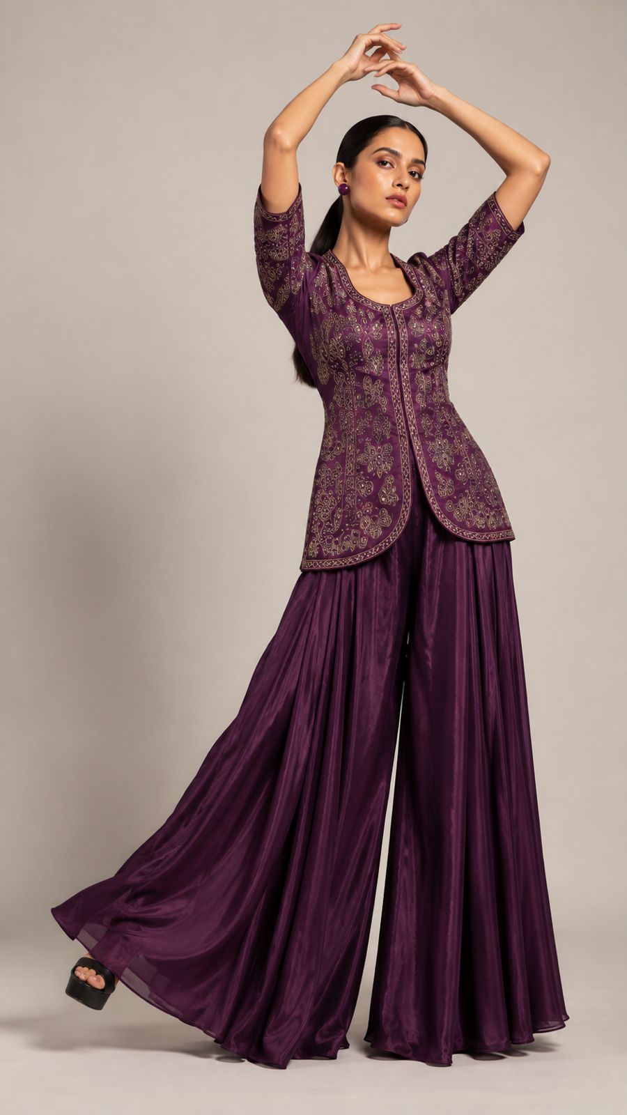 Plum Paisley Embroidered Kurta Palazzo Set