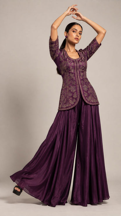 Plum Paisley Embroidered Kurta Palazzo Set