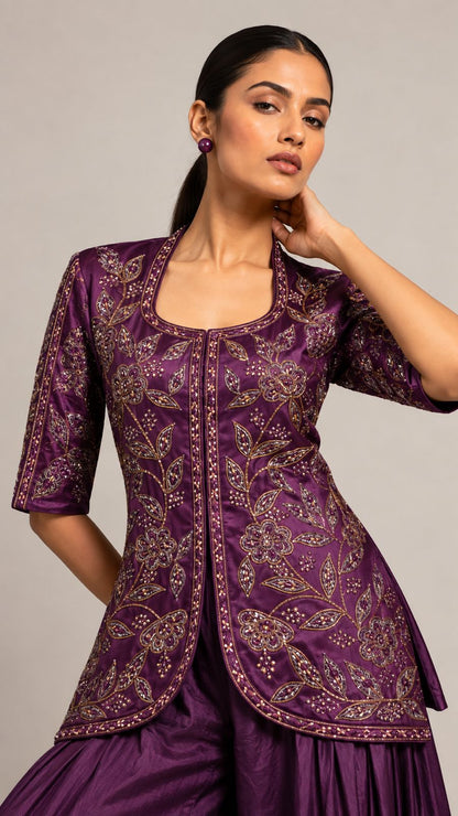 Plum Paisley Embroidered Kurta Palazzo Set