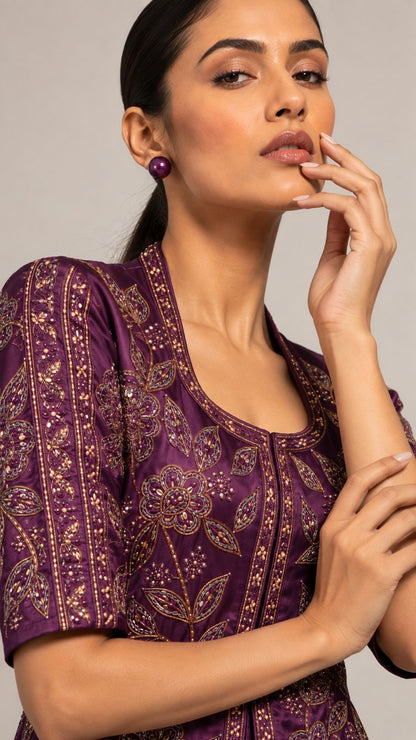 Plum Paisley Embroidered Kurta Palazzo Set