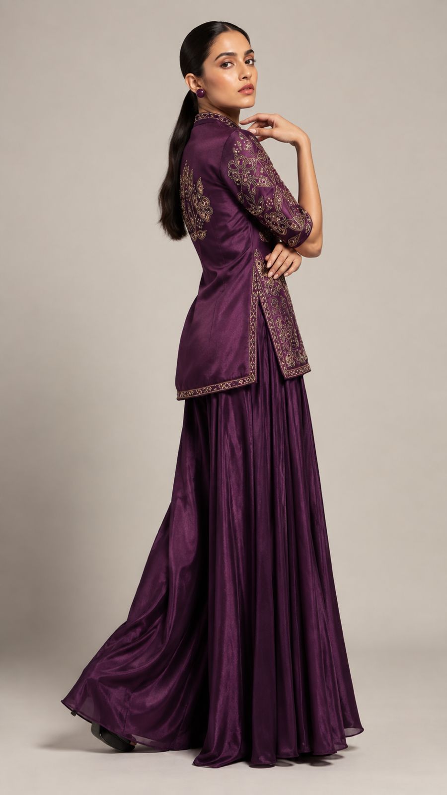 Plum Paisley Embroidered Kurta Palazzo Set