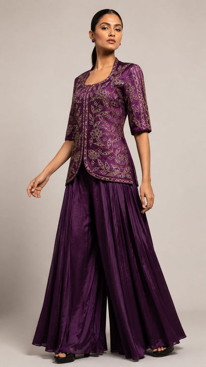 Plum Paisley Embroidered Kurta Palazzo Set