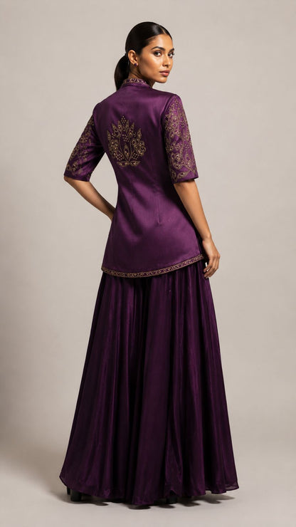 Plum Paisley Embroidered Kurta Palazzo Set