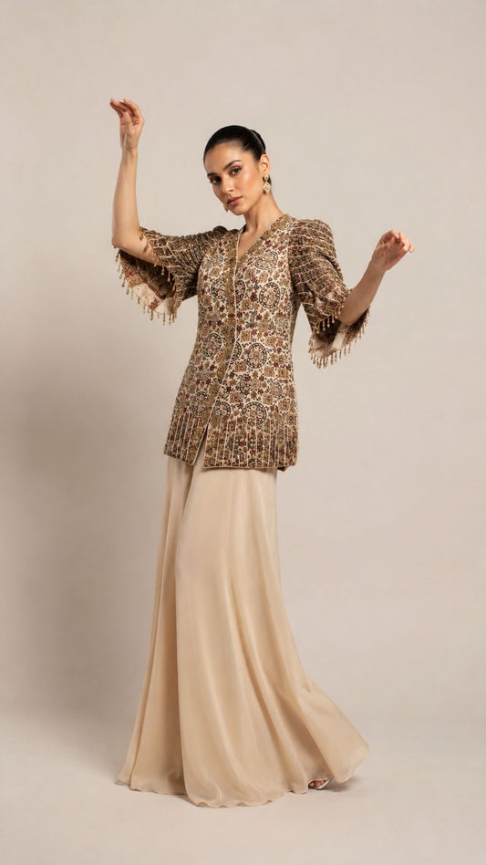 Ivory Paisley Embroidered Jacket & Maxi Skirt Set