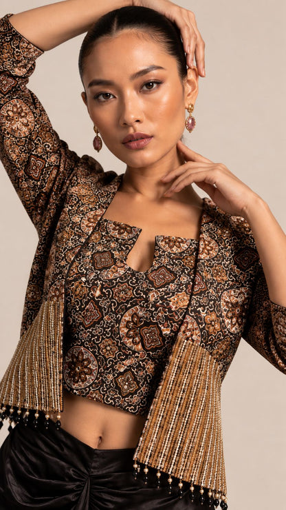 Black Draped Skirt with Paisley Cropped Jacket
