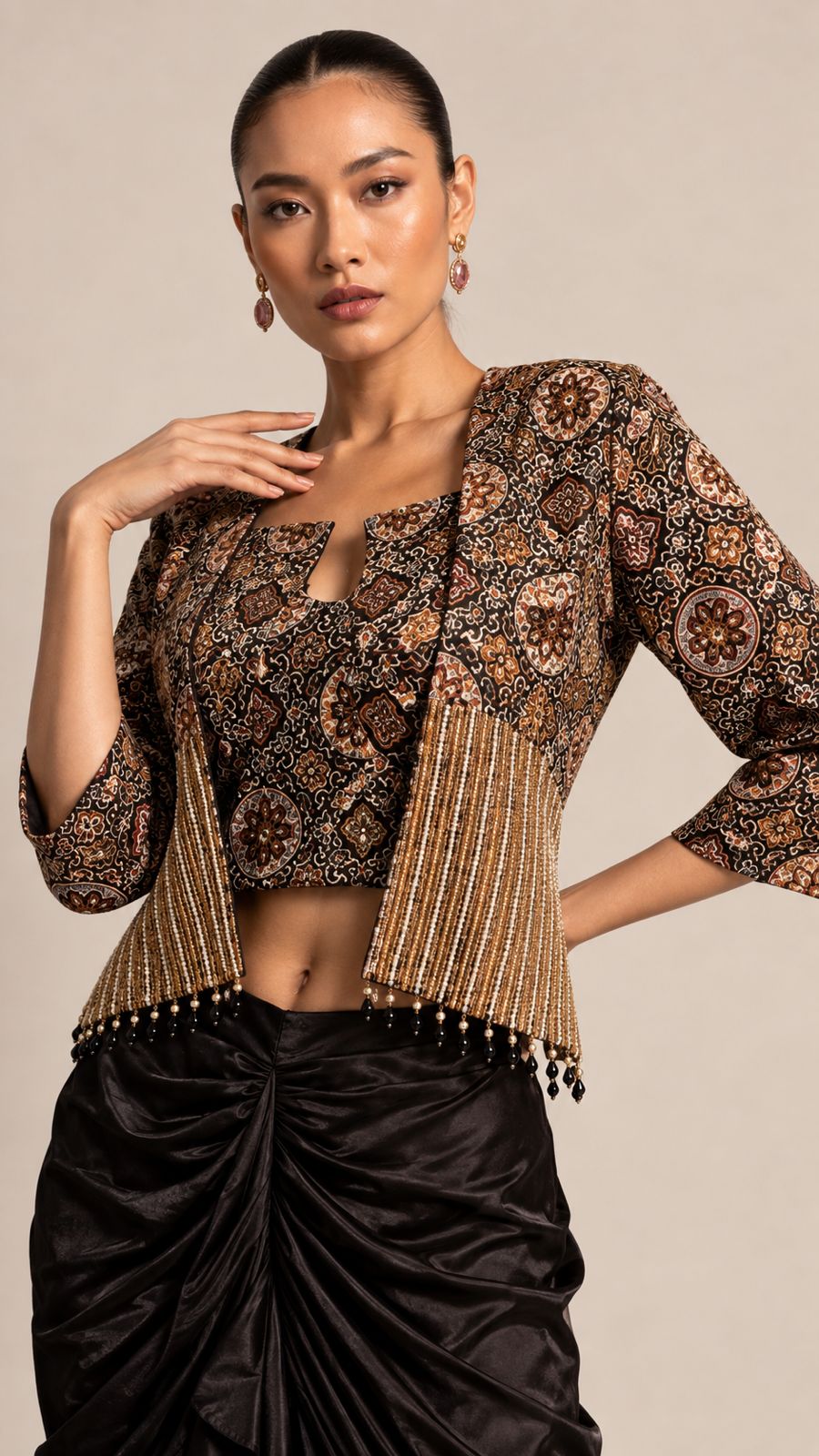 Black Draped Skirt with Paisley Cropped Jacket