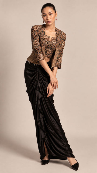 Black Draped Skirt with Paisley Cropped Jacket