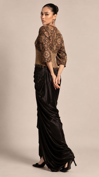 Black Draped Skirt with Paisley Cropped Jacket
