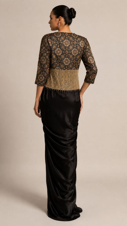 Black Draped Skirt with Paisley Cropped Jacket
