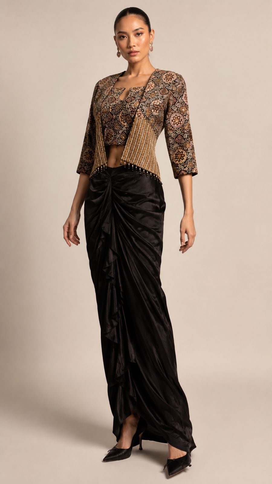 Black Draped Skirt with Paisley Cropped Jacket
