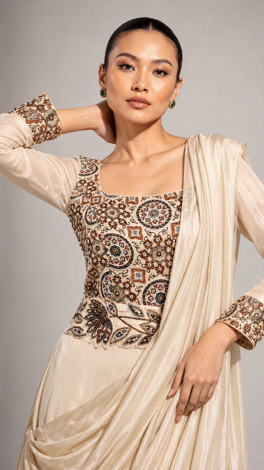 Ivory Embroidered Draped Maxi Dress