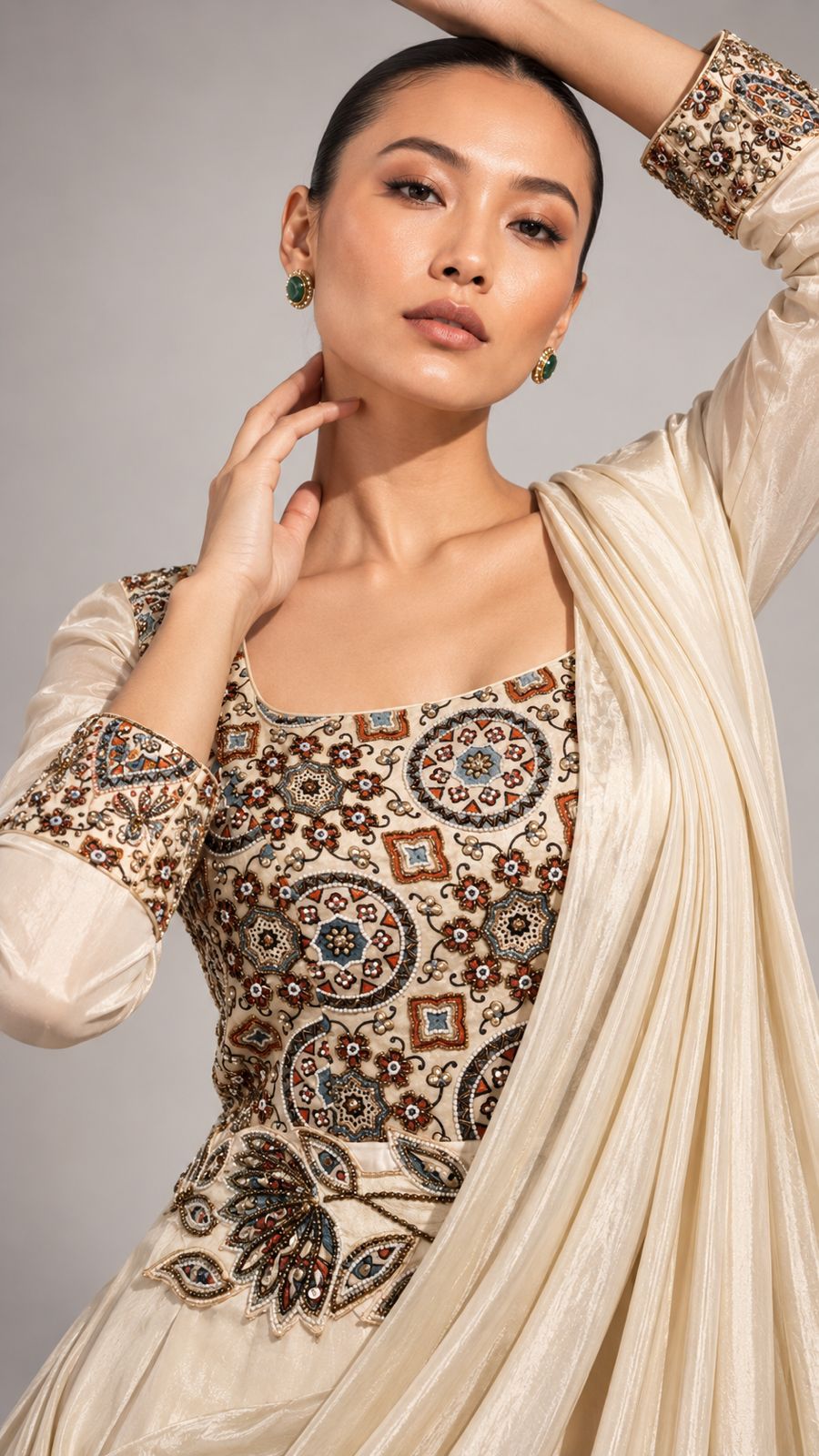 Ivory Embroidered Draped Maxi Dress