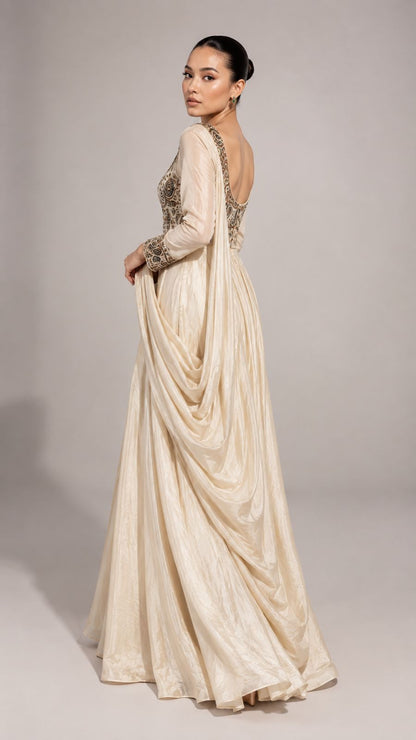 Ivory Embroidered Draped Maxi Dress