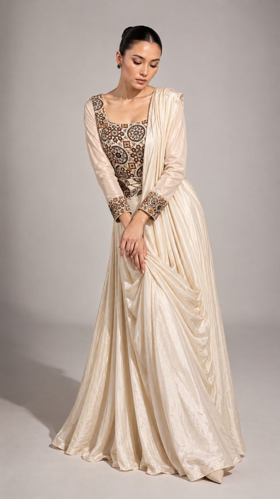 Ivory Embroidered Draped Maxi Dress