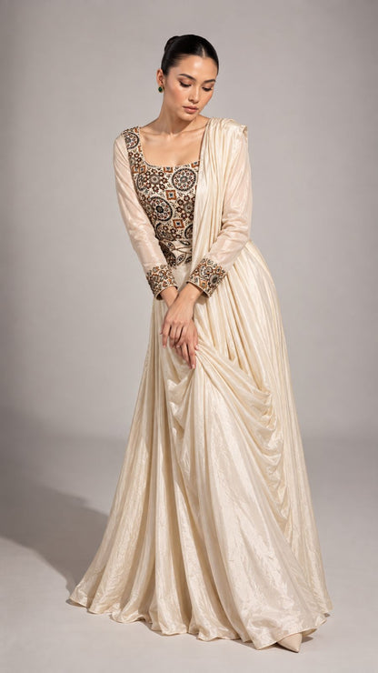 Ivory Embroidered Draped Maxi Dress