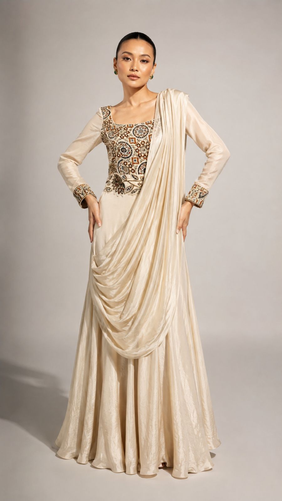 Ivory Embroidered Draped Maxi Dress