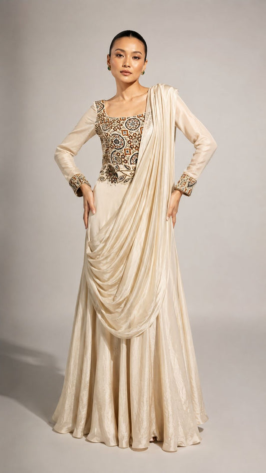 Ivory Embroidered Draped Maxi Dress