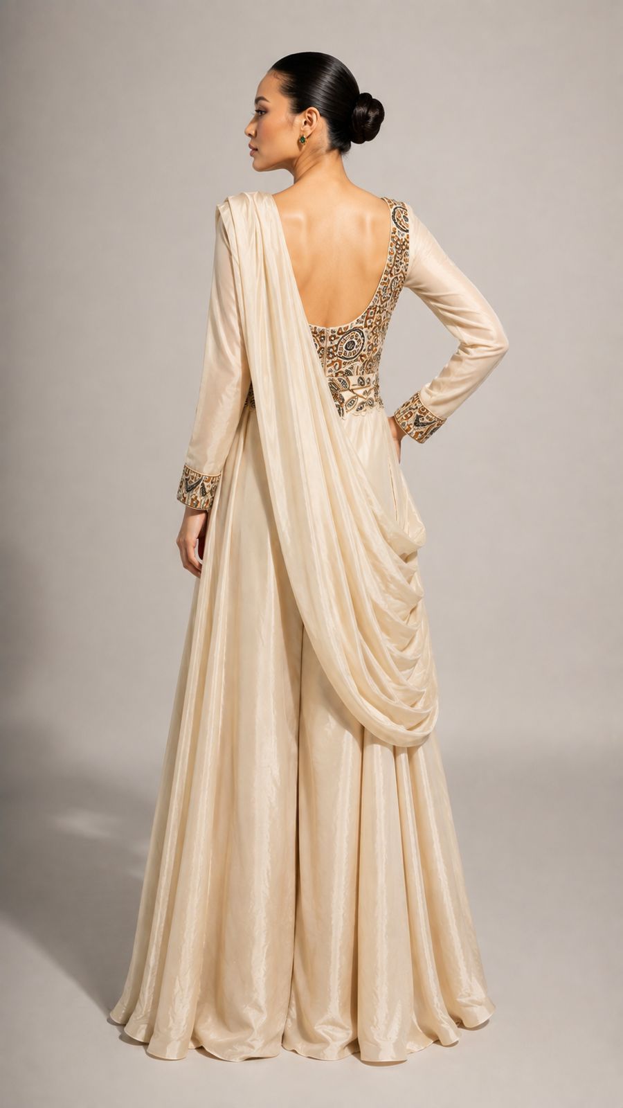Ivory Embroidered Draped Maxi Dress