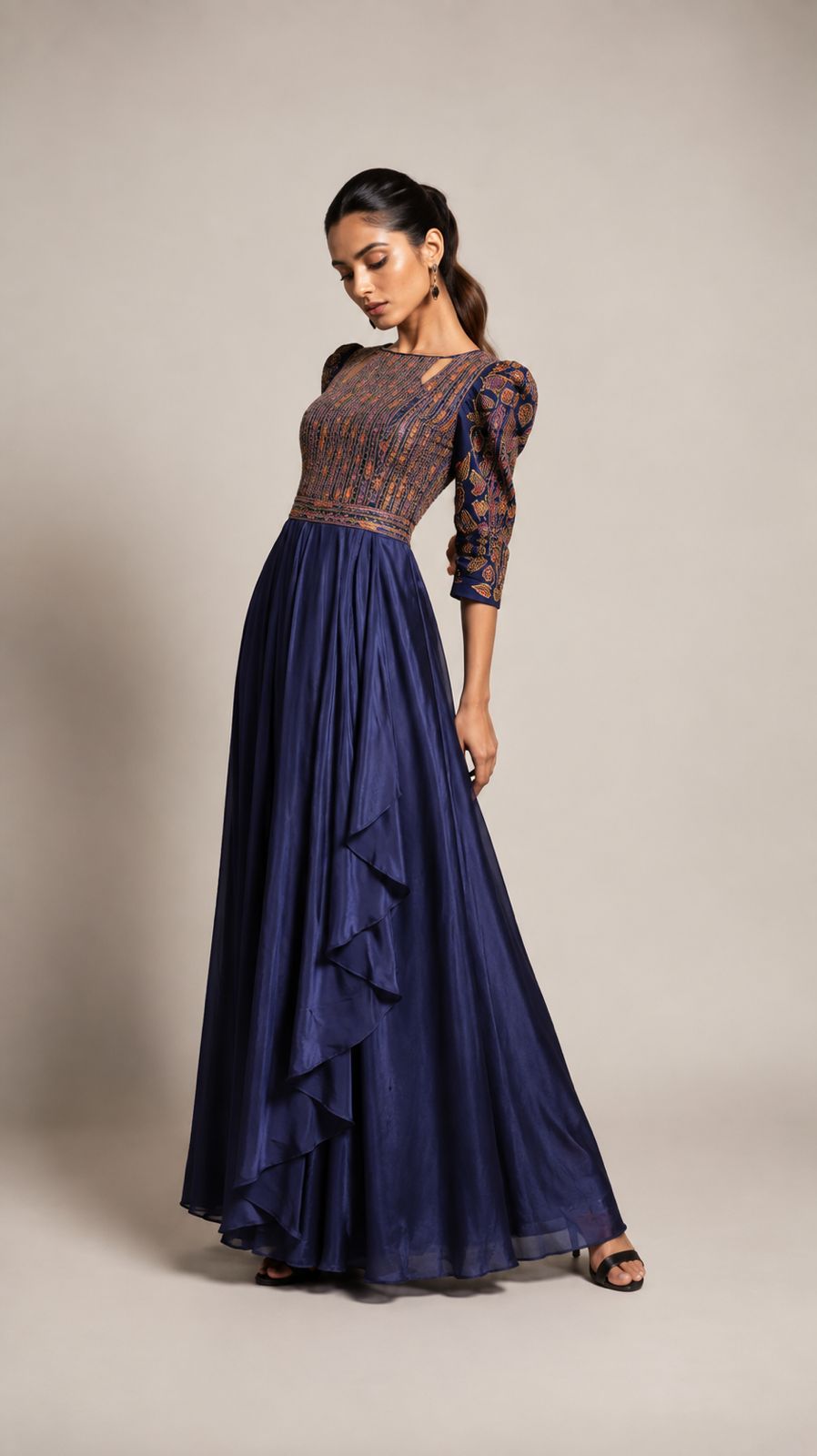 Midnight Navy Patterned Ruffle Maxi Dress
