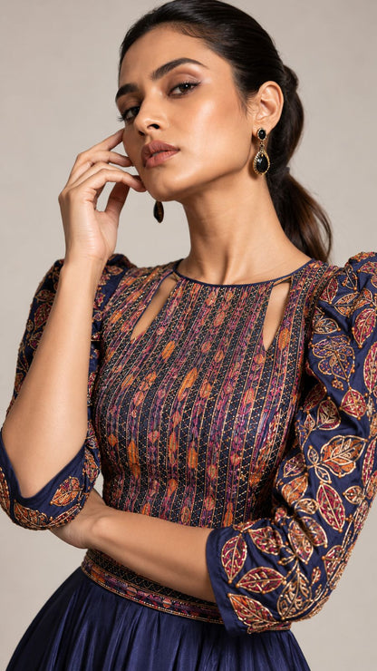 Midnight Navy Patterned Ruffle Maxi Dress